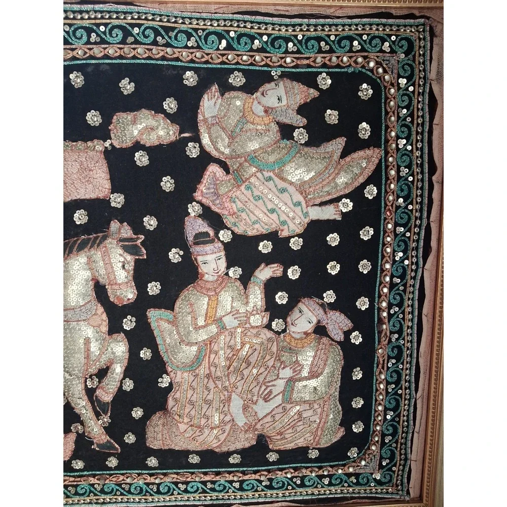 Vintage Thai Burma Myanmar Kalaga Tapestry Ramayana - Koi  Sequins
